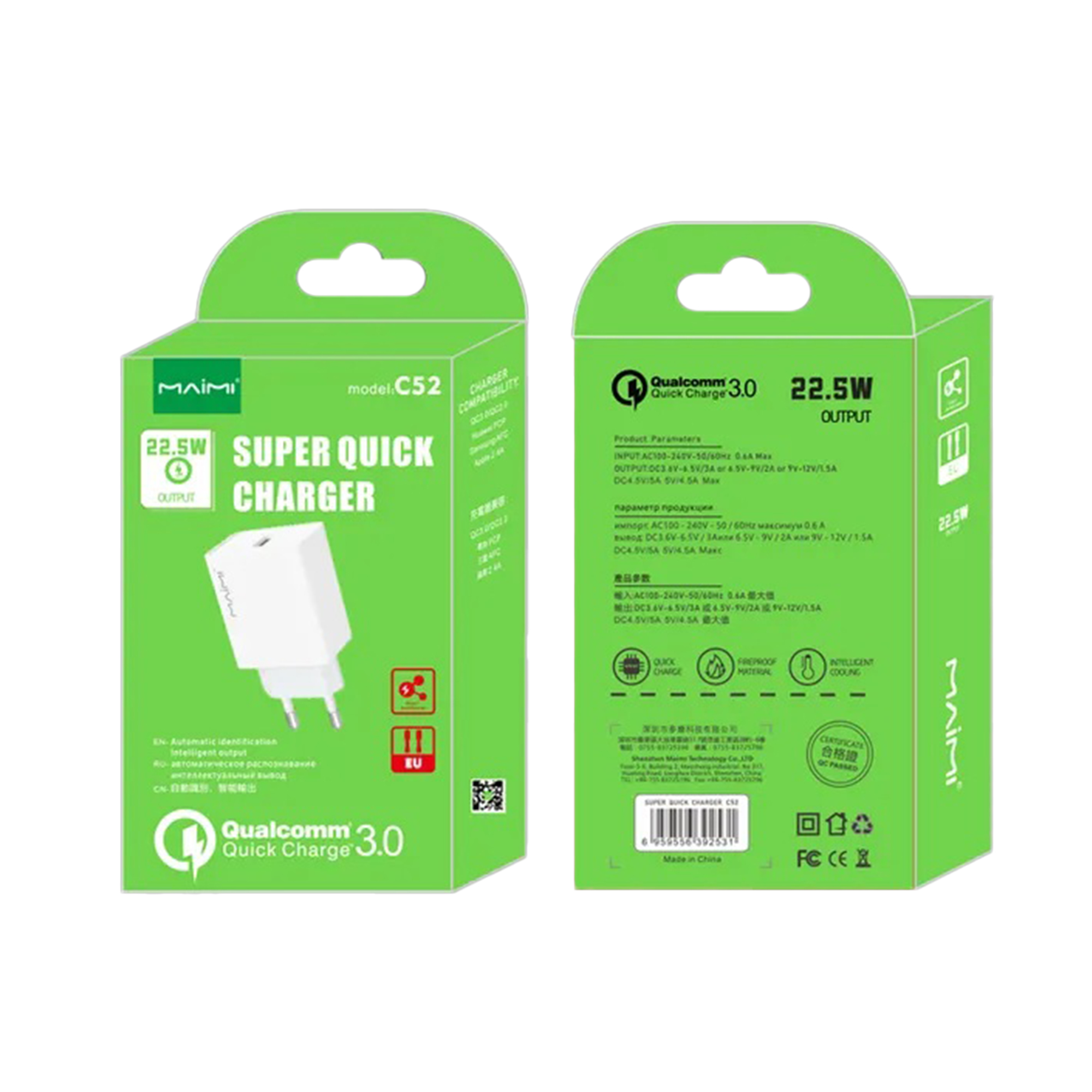SMART CHARGER ADAPTOR MAIMI C52-QC3.0-SINGLE USB-WHITE ORIGINAL